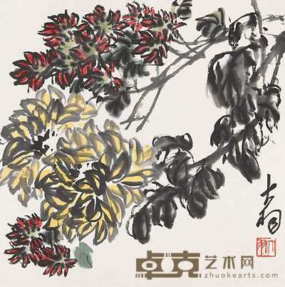 陈大羽 菊花 镜片 35×34.5cm